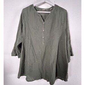 Royal Robbins Womens Embroidered Green Tunic Top 3/4 Sleeves 100% Cotton Casual